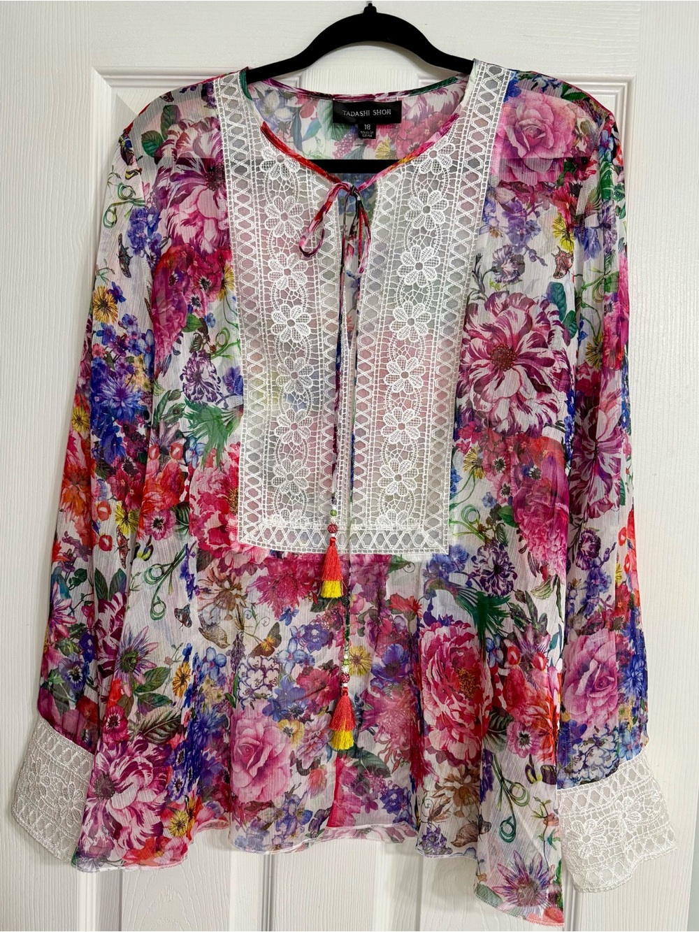 Tadashi Shoji Sheer Floral Blouse Lace Beaded Peasant Tie Cottagecore Boho Garde